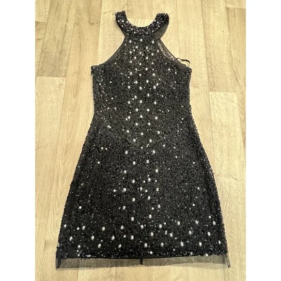 Mori Lee Glam Vintage Mini Halter Sequin Dress Beaded Silver Size 6 - Picture 4 of 9